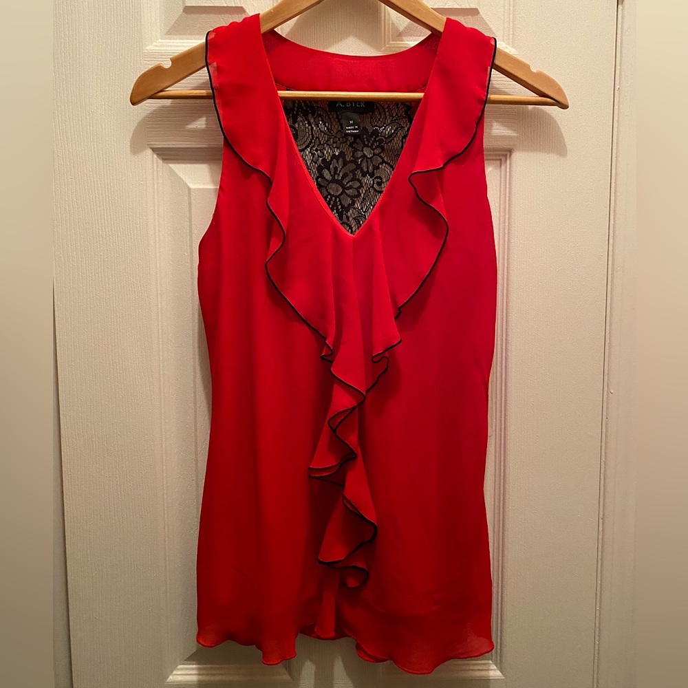 Ruffled Front, Sleeveless, Red with Black Lace A.Byer Women’s Top - Size Medium